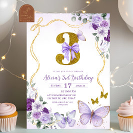 Convites Bow Coquette Purple Butterfly Third Birthday