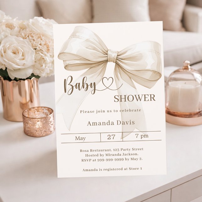 Convites Bow gender neutral beige ivory Baby Shower (Criador carregado)