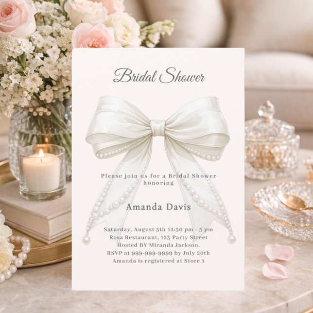 Convites Bow ivory pearls elegant Bridal Shower (Criador carregado)