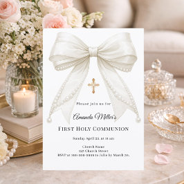 Convites Bow ivory pearls girl elegant First Communion