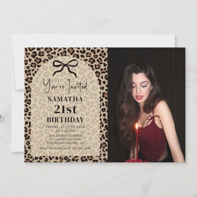 Convites Bow Leopard Cheetah Birthday Photo Invitation (Frente)