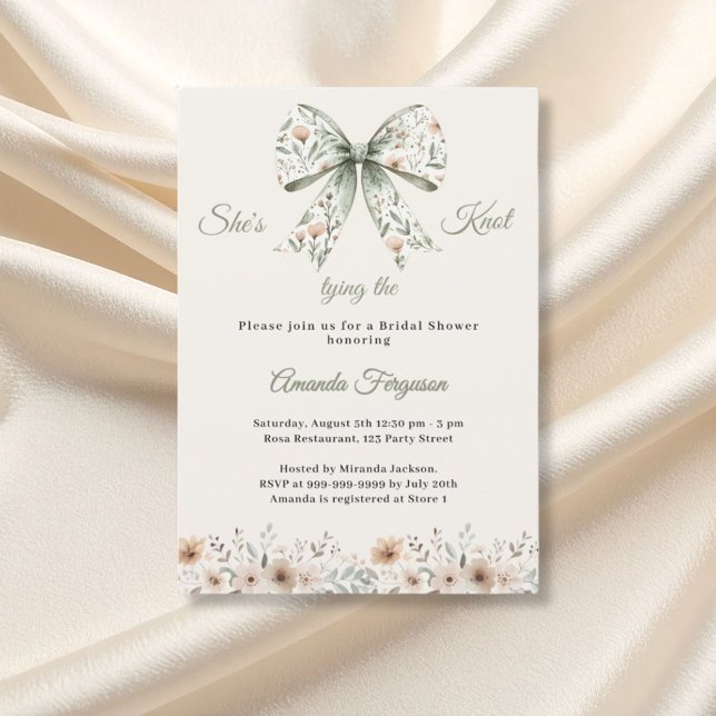 Convites Bow neutral florals green ivory knot Bridal Shower (Criador carregado)