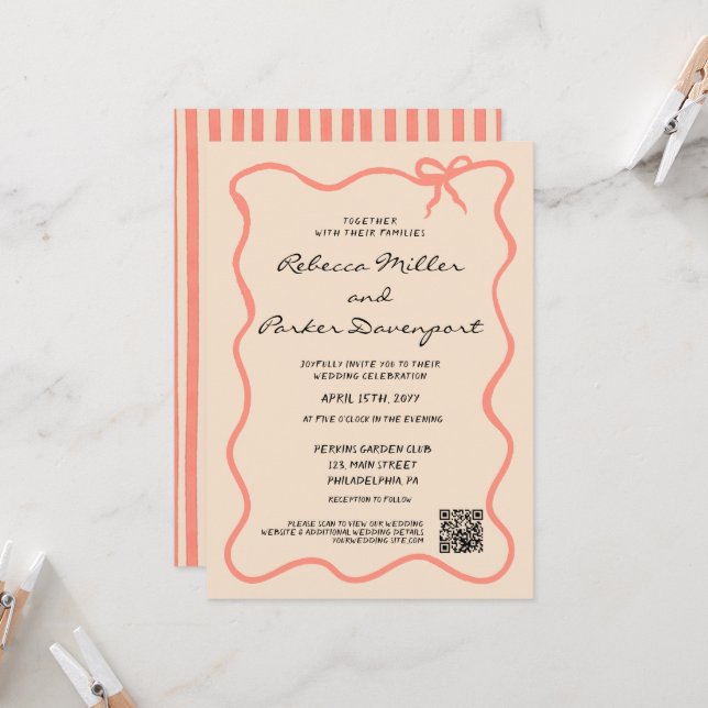 Convites Bow Painted Pinstripes Wedding QR Code (Frente/Verso In Situ)