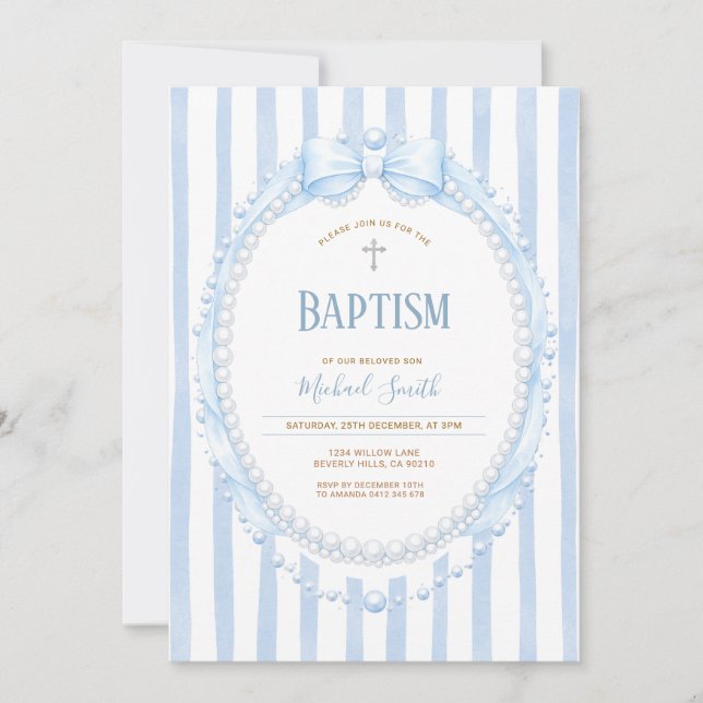 Convites Bow & Pearl Oval Christening for Boy (Frente)