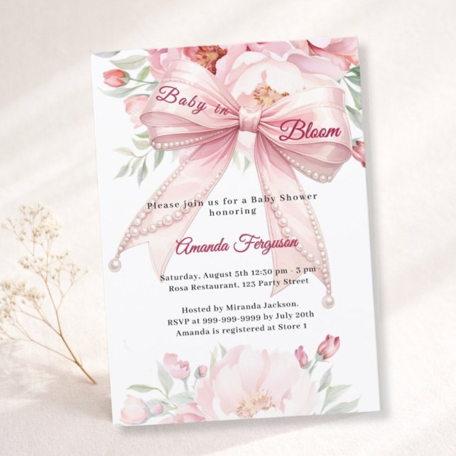 Convites Bow pink flowers baby in bloom girl Baby Shower (Criador carregado)