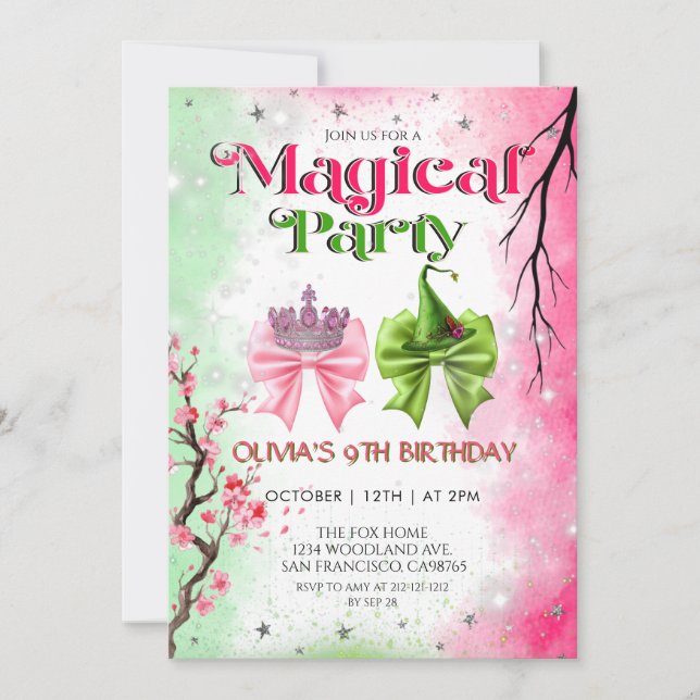 Convites Bow pink & green Magical Witchy Birthday (Frente)