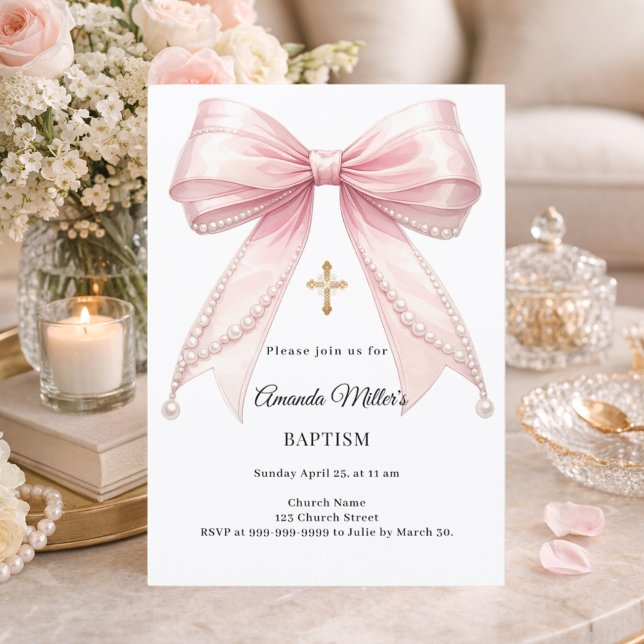 Convites Bow Pink Pearls Girl Elegant Baptism (Criador carregado)