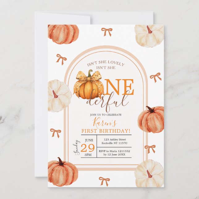 Convites Bow Ribbon Isn't She Onederful Pumpkin Gingham (Frente)