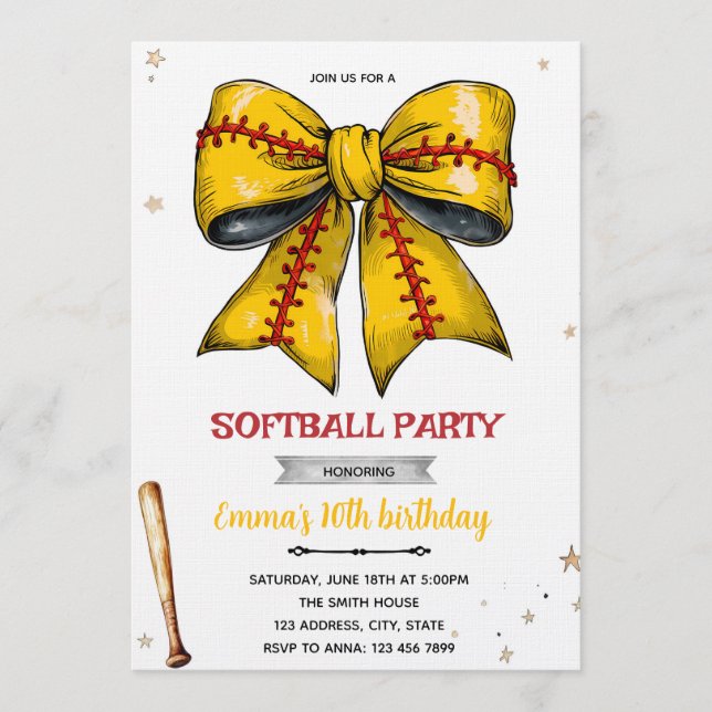 Convites Bow softball party invitation (Frente)