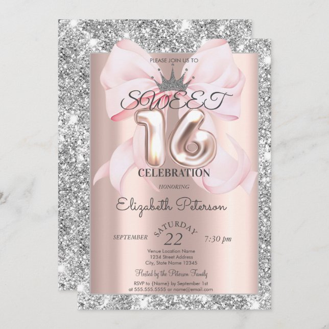 Convites Bow,Tiara,Rose Gold Silver Glitter Sweet 16  (Frente/Verso)