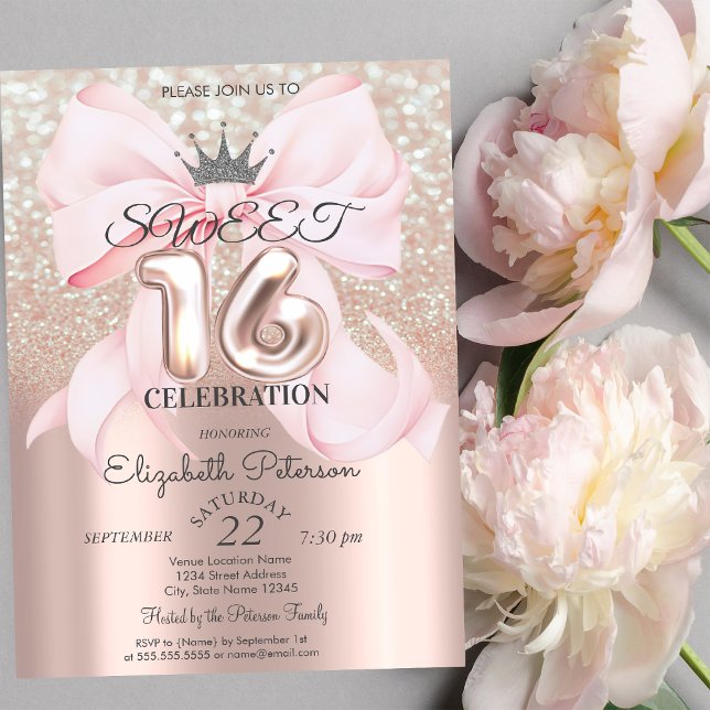 Convites Bow,Tiara,Rose Gold Sweet 16 Glitter Bokeh (Criador carregado)