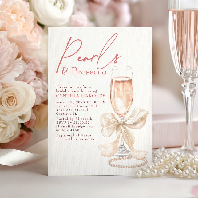 Convites Bow White Pearls & Prosecco Rosé Bridal Shower (Creamy White and Blush Bow Pearls and Prosecco Bridal Shower Invitation)
