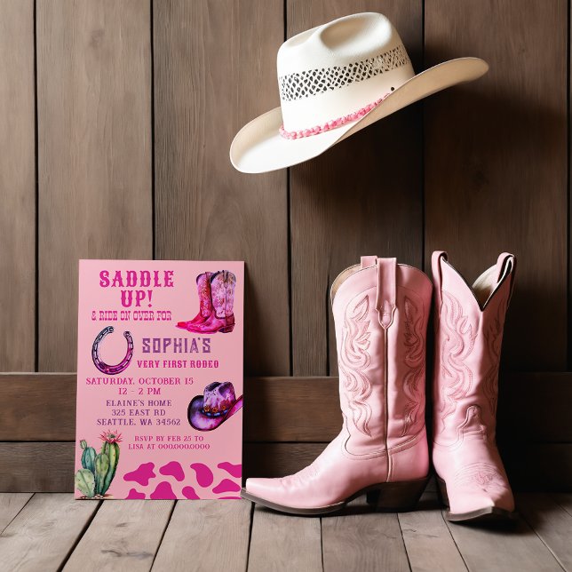 Convites Bowgirl Ocidental Rosa Primeiro Rodeo Girls Aniver (Pink Western Cowgirl First Rodeo Girls Birthday Invitation)
