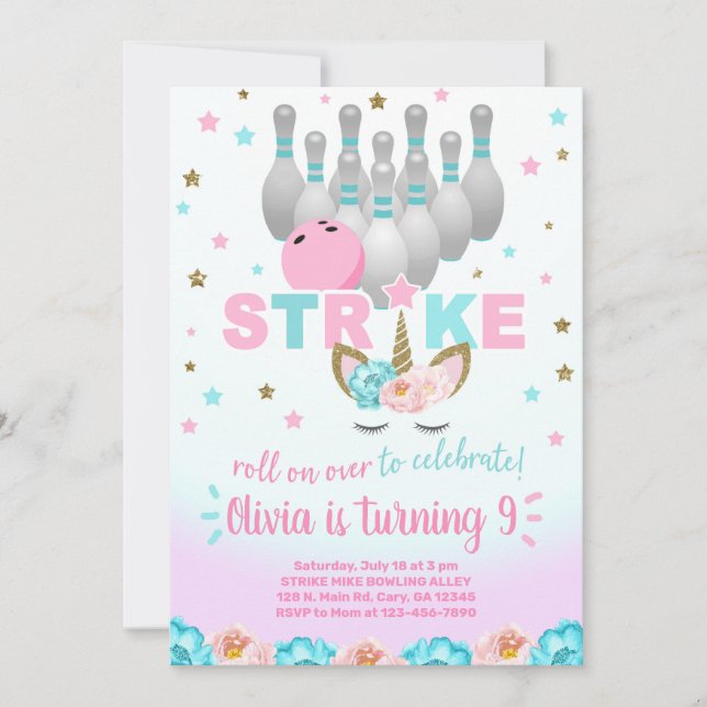 Convites Bowling and unicorn girl birthday invite. (Frente)