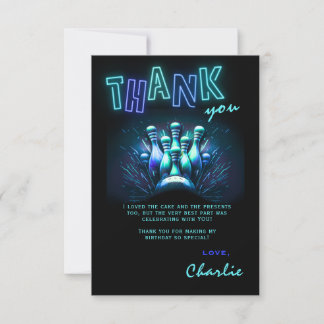 Convites Bowling Birthday Thank You Card Boys Blue Neon
