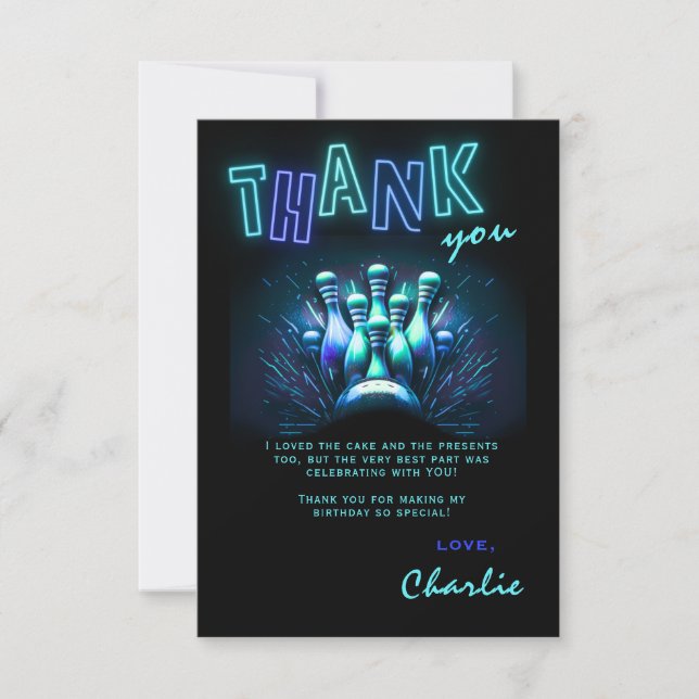 Convites Bowling Birthday Thank You Card Boys Blue Neon (Frente)