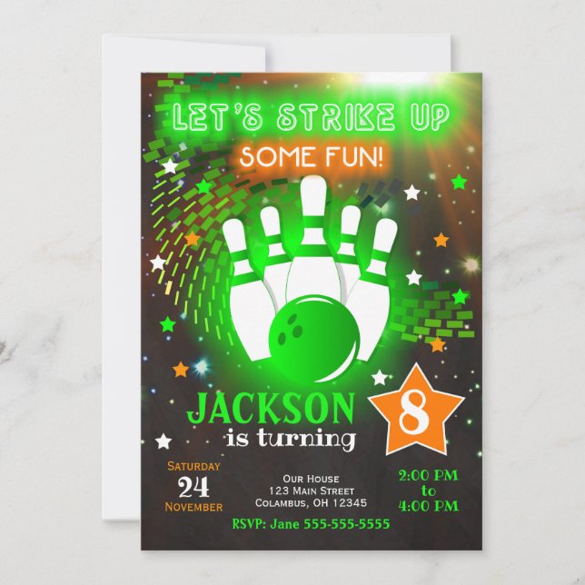 Convites Bowling Invitation Glow Neon Boy Bowling Birthday (Frente)