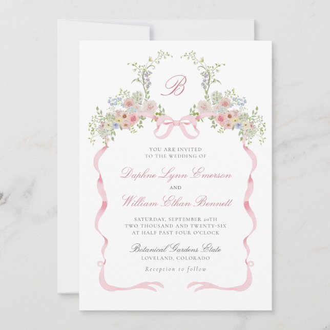 Convites Bows and Wildflowers Wedding Invitation (Frente)