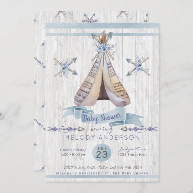 Convites Boy Baby Blue Chá Boho Chic Teepee & Arrows (Frente/Verso)