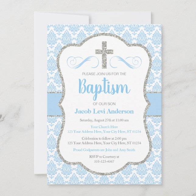 Convites Boy Baby Blue e Silver Damask Baptism (Frente)