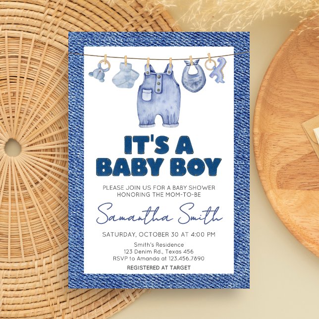 Convites Boy Baby Blue Jean Chá de fraldas (Blue Jean Denim Baby Shower Invitation)