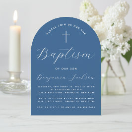 Convites Boy Baptism Arch Classic Blue Script & Cross