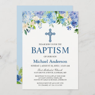Convites Boy Baptism Blue Hydrangea Watercolor Floral