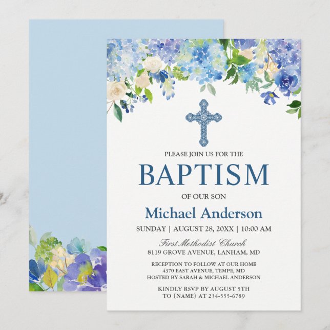 Convites Boy Baptism Blue Hydrangea Watercolor Floral (Frente/Verso)