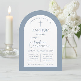 Convites Boy Baptism Dusty Blue White Arch Script Moderno