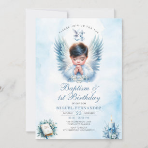 Convites Boy Baptism & primeiro aniversario Blue Floral Cro