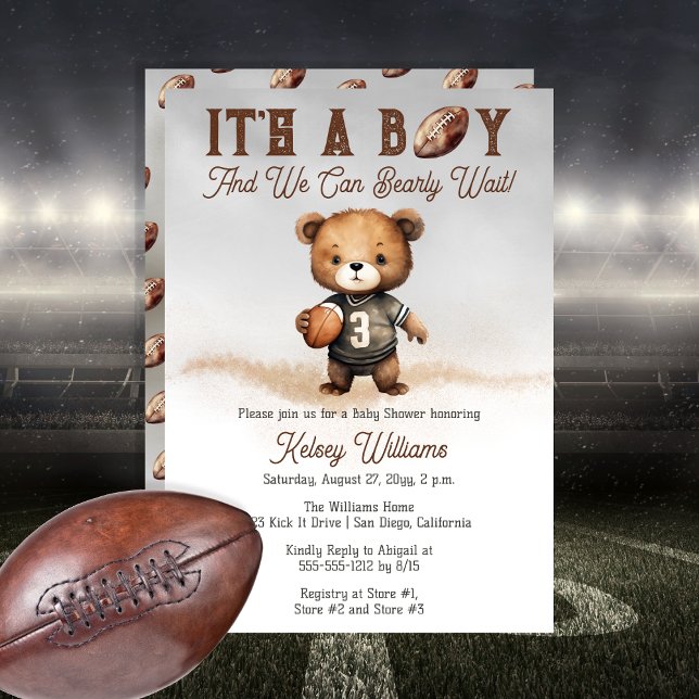 Convites Boy Barly Espera Chá de fraldas Americano de Futeb (Cute "It's A Boy And We Can Bearly Wait!" Teddy Bear Football Player Sports Baby Shower Invitation)