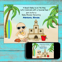 Convites Boy Beach Baby Sandcastle, Chá de fraldas de surfb