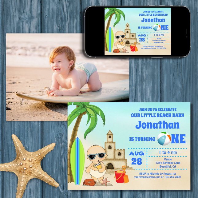 Convites Boy Beach Baby Surfboard primeiro aniversario FOTO (Printed (Front and Back) and Digital Boy Beach Baby Surfboard 1st Birthday PHOTO Invitation)