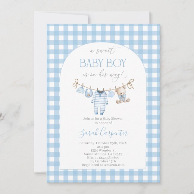 Convites Boy Bear Clothesline Baby Shower invitation (Frente)