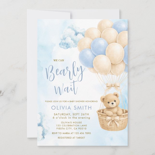Convites BOY Bear Cloud Balloon Baby Shower Invite (Frente)