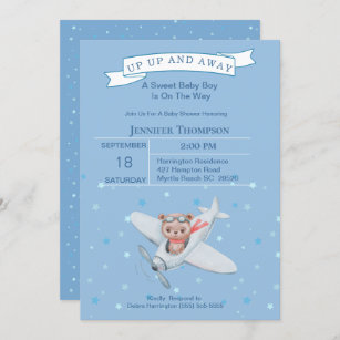 Convites Boy Bear Pilot Airplane Baby Shower Invitation
