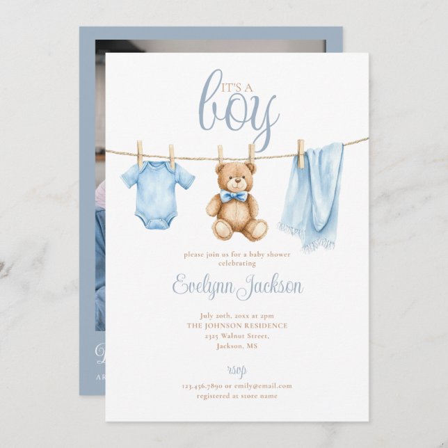 Convites Boy Blue Clothesline Baby Shower Photo QR Code (Frente/Verso)