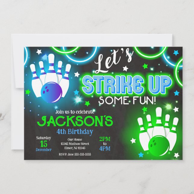 Convites Boy Bowling Invitation Glow Neon Joint Birthday (Frente)