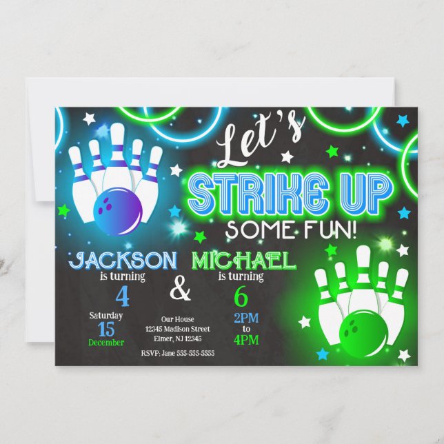 Convites Boy Bowling Invitation Glow Neon Joint Birthday (Frente)