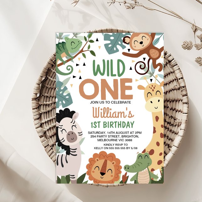 Convites Boy Brown Green Safari Wild Um primeiro aniversari (Wild One 1ST Birthday Invitation Template Boy, Safari Wild One Birthday Invitation, Jungle Themed)
