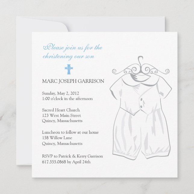 Convites Boy Christening Suit e Blue Cross (Frente)