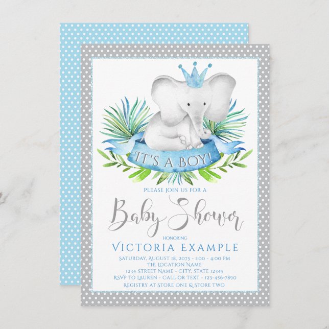 Convites Boy Elephant Prince Baby Shower Invants (Frente/Verso)