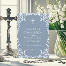 Convites  Boy First Communion Dusty Blue White Leaves Cross