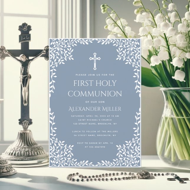 Convites  Boy First Communion Dusty Blue White Leaves Cross (Criador carregado)