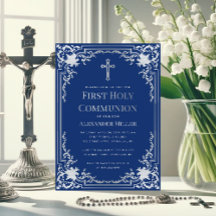 Boy First Communy Royal Blue Faux Silver Cross