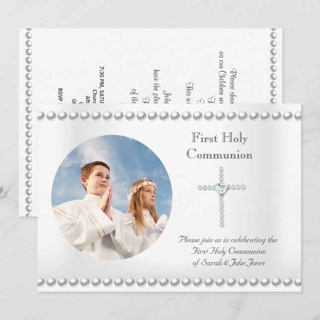 Convites Boy First Santa Communion White Cross Foto (Frente/Verso)