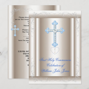 Convites Boy First Santa Comunhão Sepia Blue