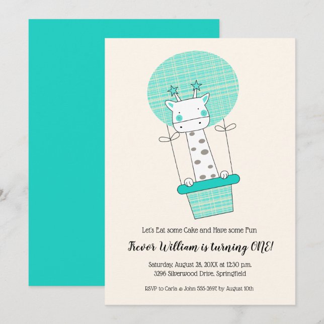 Convites Boy Giraffe Hot Air Balloon Primeira Festa de aniv (Frente/Verso)