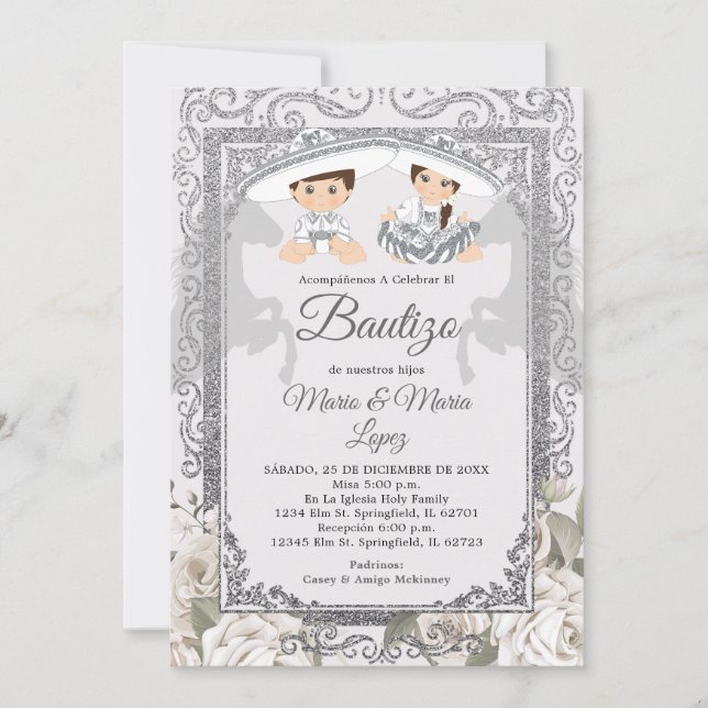 Convites Boy Girl Fiesta Silver Charro Bautizo Mexicano (Frente)