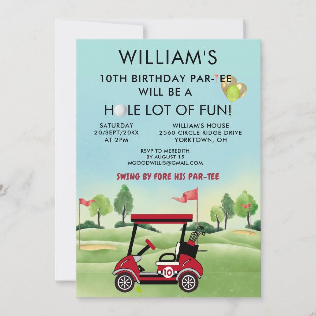 Convites Boy Golf Theme 10th Birthday Par-Tee (Frente)